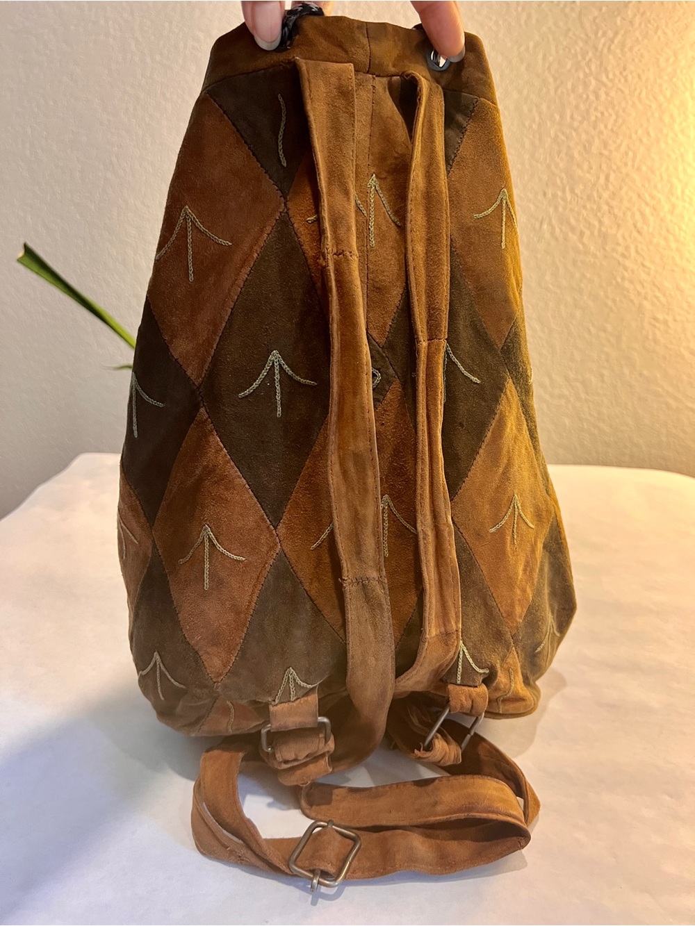 Vintage Boho Patchwork Suede Backpack Distressed Butterfly Embroidered As Is - Picture 3 of 10